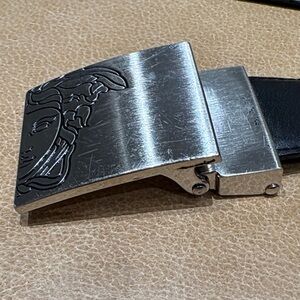 Versace Black Leather Belt with Silver Buckle